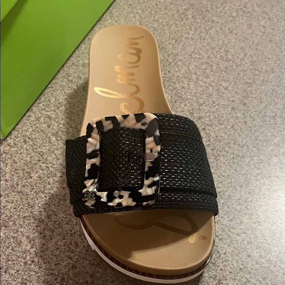 Sam Edelman Black Slide Sandals with Tortoiseshell Buckle
